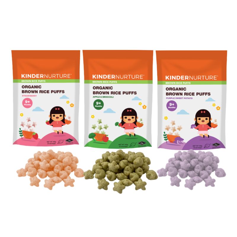 KinderNurture Organic Brown Rice Puffs - Bundle of 3 (1 Strawberry + 1 Purple Sweet Potato + 1 Broccoli & Apple) Expiry: Feb-2025